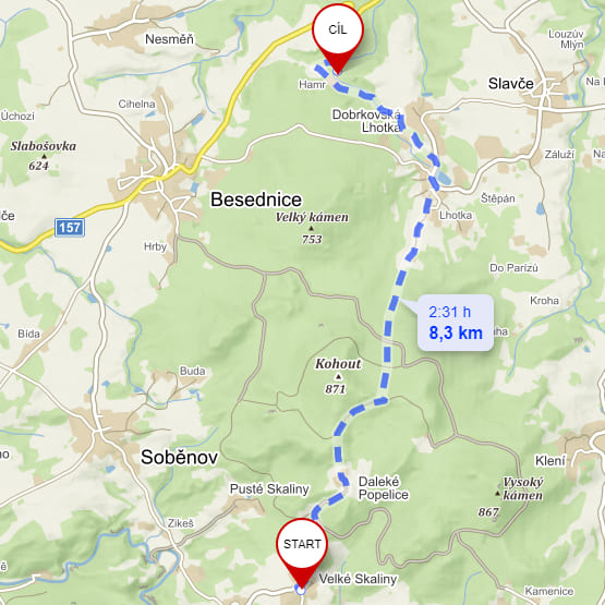 Douchův háj a skalní útvar Vandlička - mapa